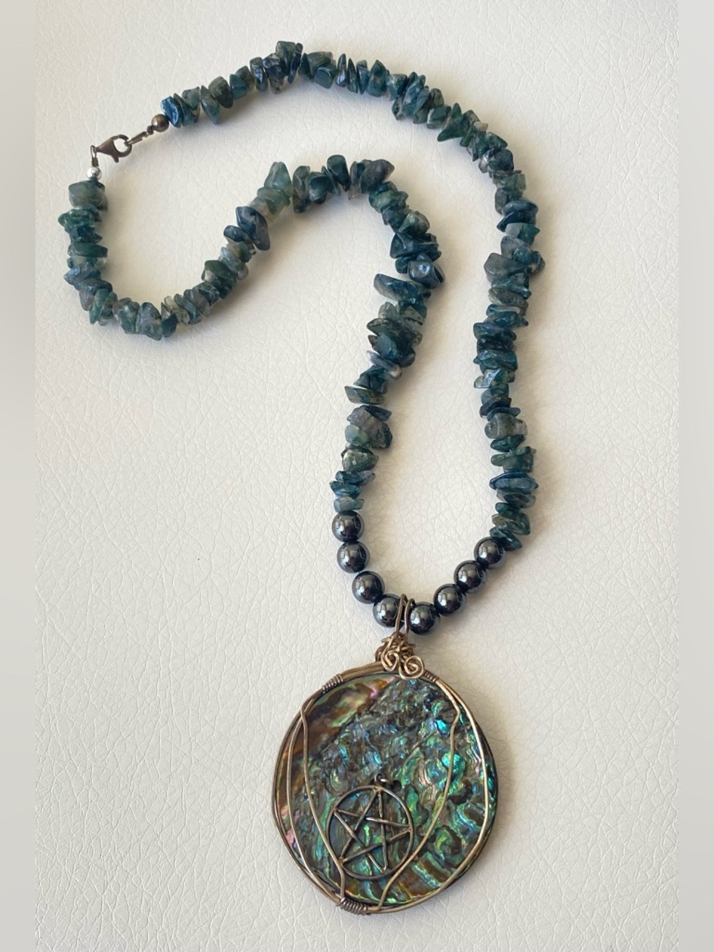Large Sterling Moss Agate Necklace w Abalone Pentacle Pendant Handmade
